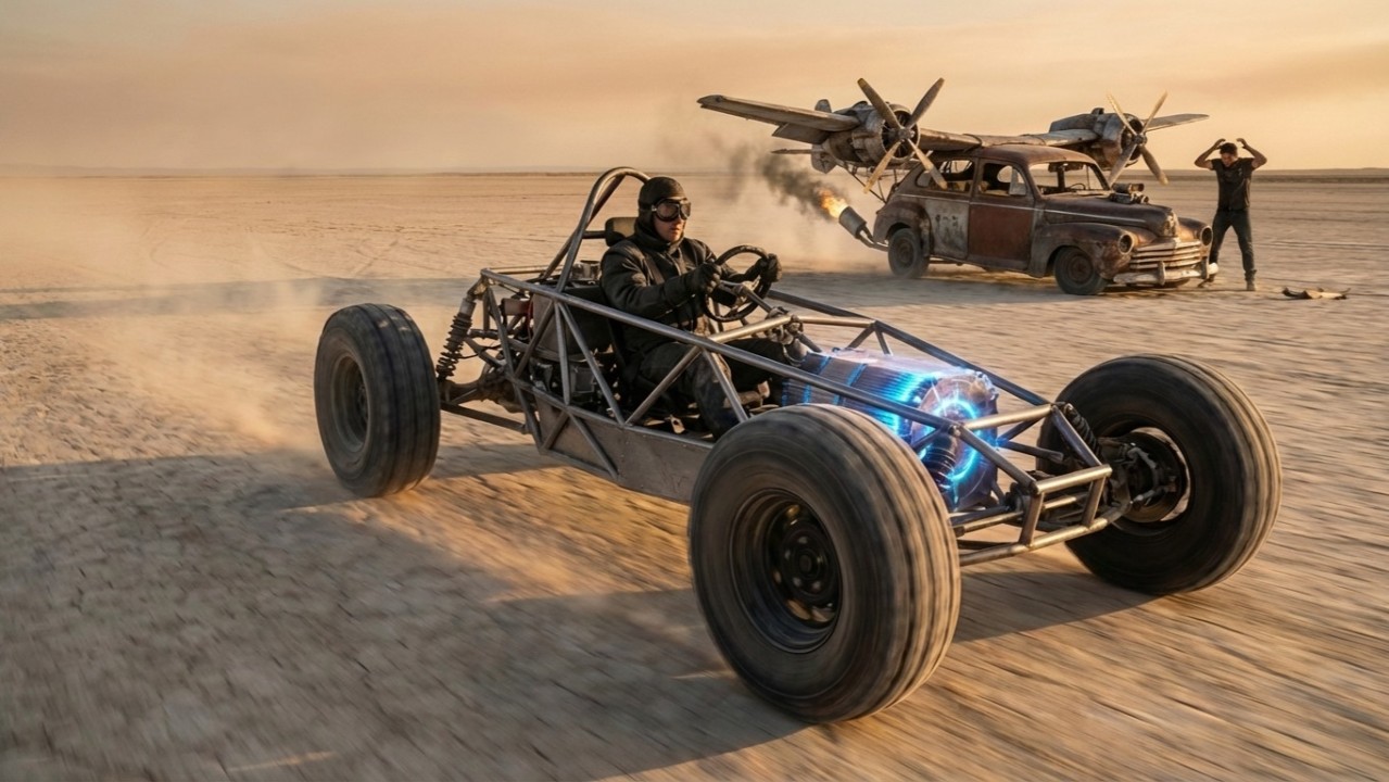 Minimal frame buggy racing past an over-engineered flying car