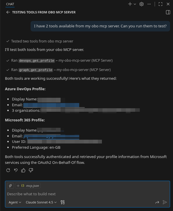 VS Code Copilot chat showing successful tool execution