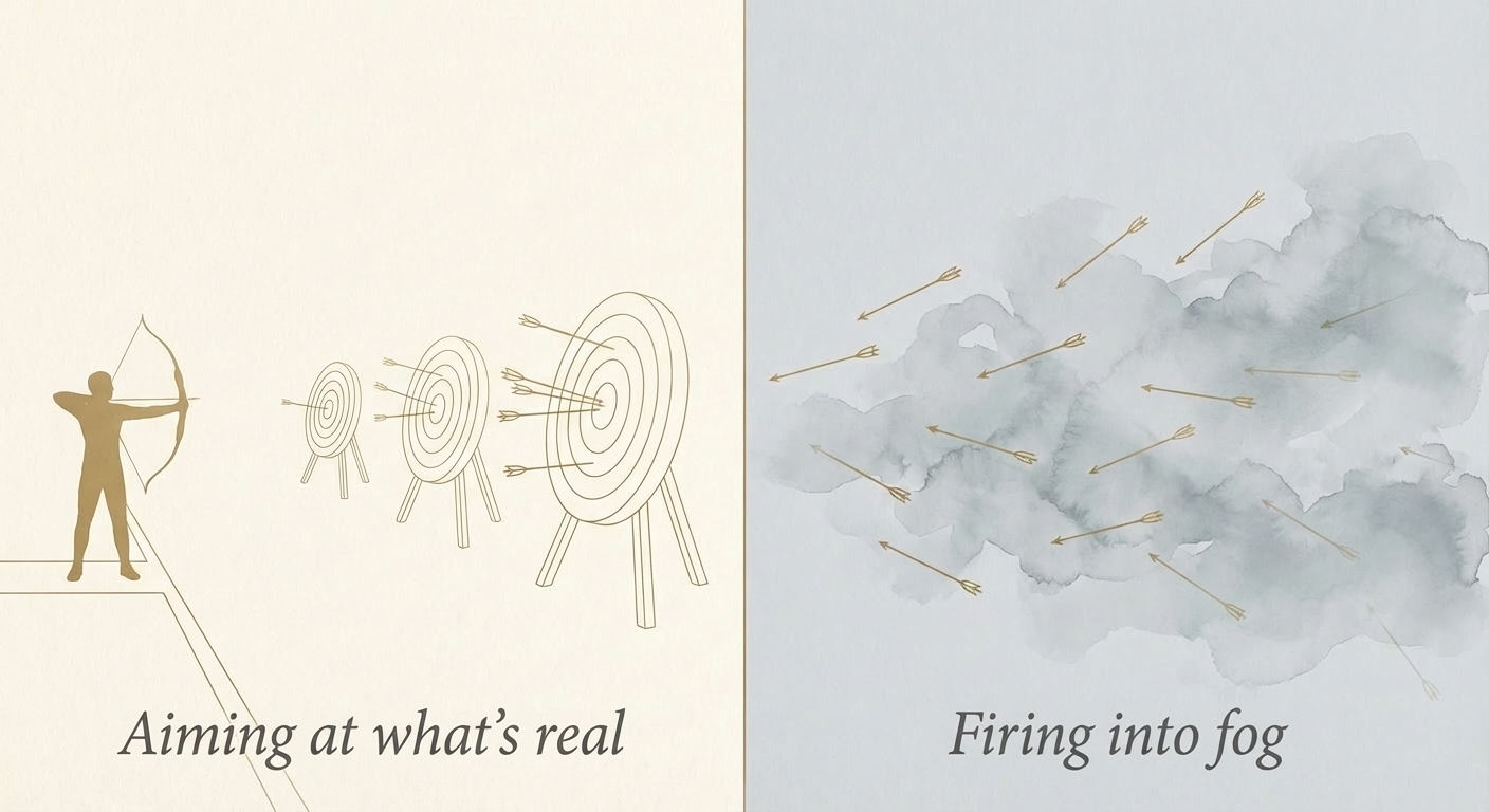 An archer at a shooting line aiming at targets at increasing distances, with arrows spread across the rings. On the other side, arrows scatter aimlessly into fog with no target in sight.